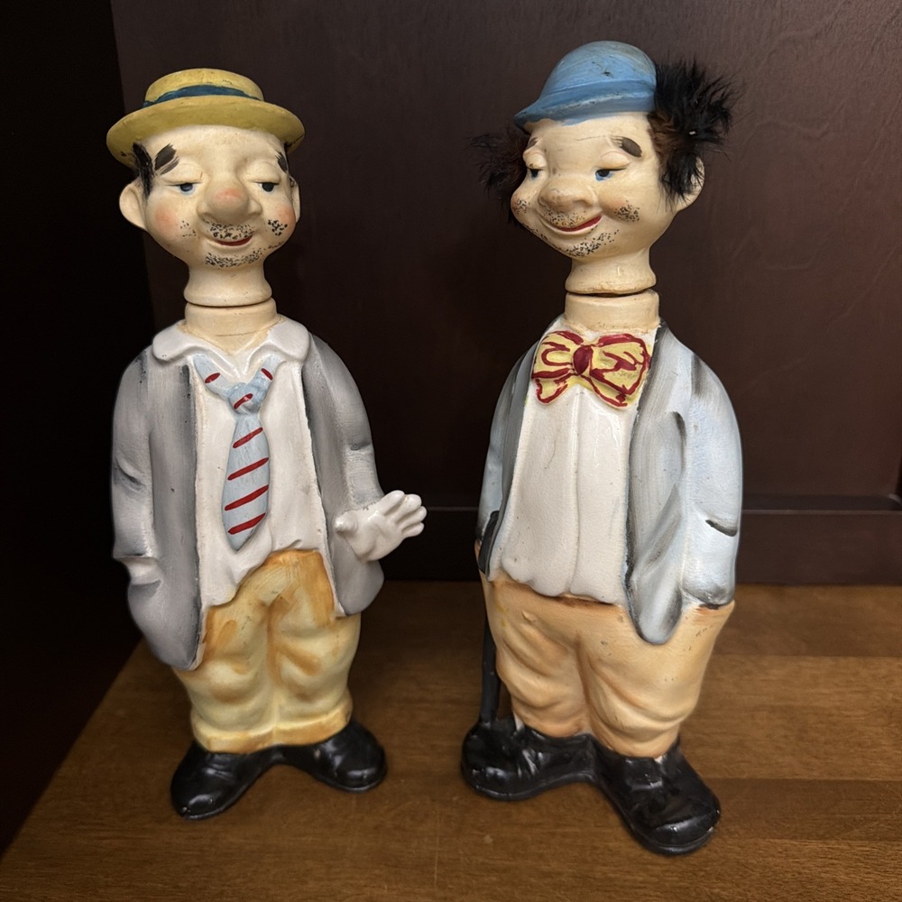 Laurel & Hardy Whiskey Decanters Ceramic Hand Painted Made in Japan VTG 10"